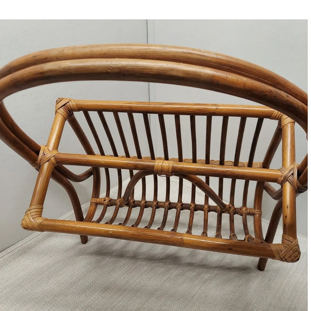 Vintage Rattan Bamboo Magazine Holder Rack Boho Style Basket Mid Century